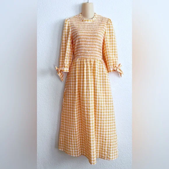 NEW Whistles Gingham Orange Check Shirred Midi Dress Size 6 Smocked - Picture 2 of 10